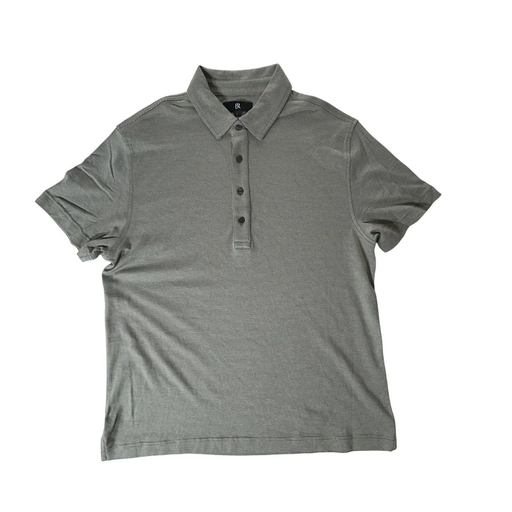 Banana Republic Mens Large Polo Shirt Sage Green Micro Stripe 100% Cotton
